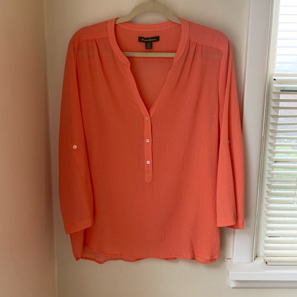 L Tommy Bahama Half Button Blouse in Salmon